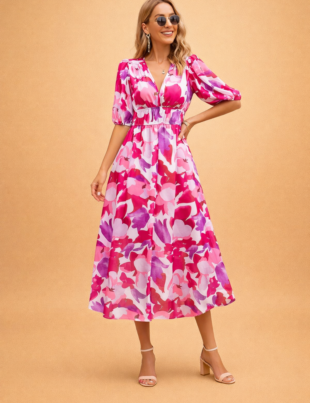 Floral Midi Dress for Women – Puff-Sleeve High-Waist Summer Dress – Calpa