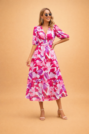 Floral Midi Dress for Women – Puff-Sleeve High-Waist Summer Dress – Calpa