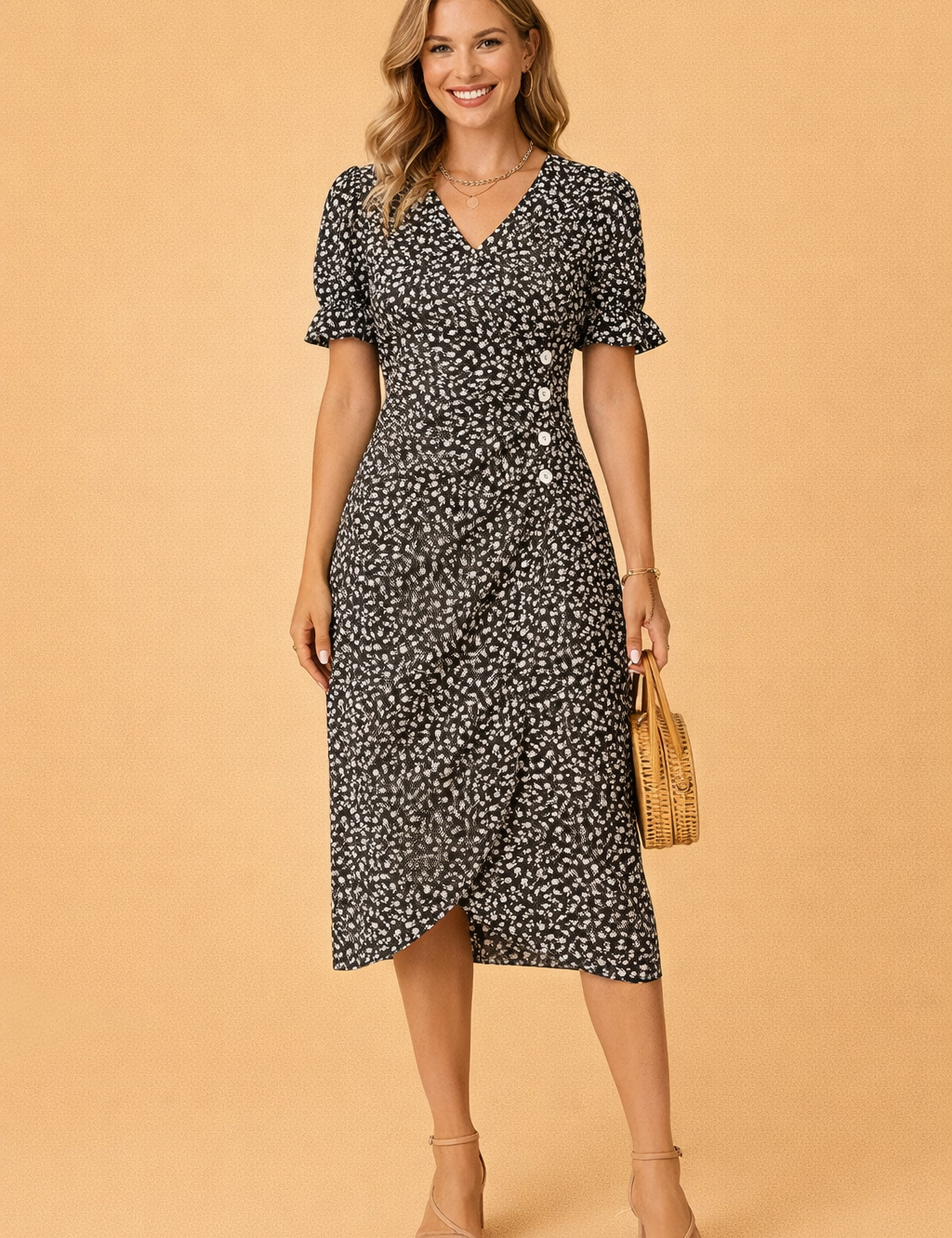 Floral Midi Dress for Women – Puff-Sleeve V-Neck A-Line Dress – Nina