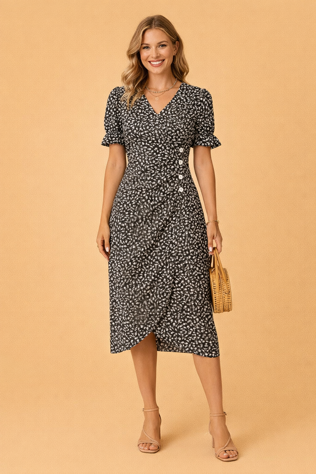 Floral Midi Dress for Women – Puff-Sleeve V-Neck A-Line Dress – Nina