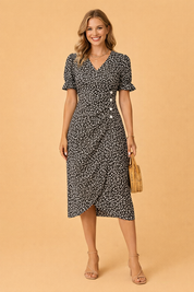 Floral Midi Dress for Women – Puff-Sleeve V-Neck A-Line Dress – Nina