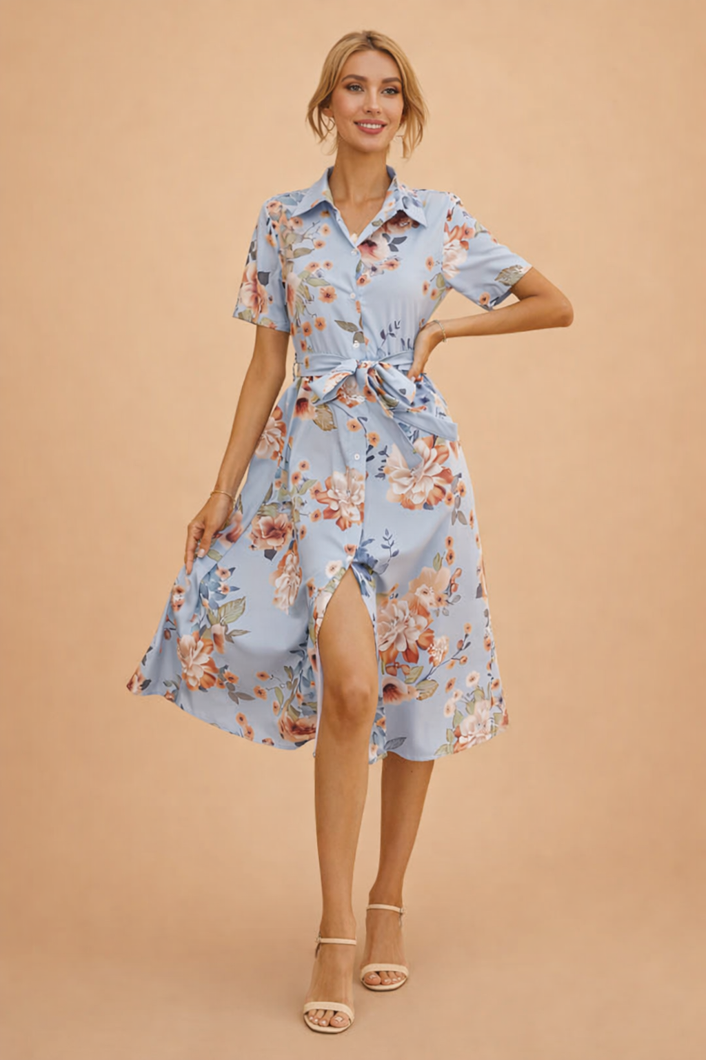 V-Neck Dress for Women – Belted Flowing Occasion Dress – Sophia