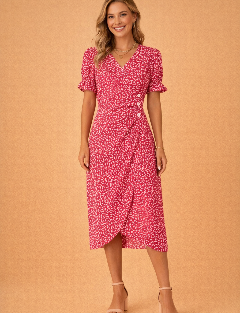 Floral Midi Dress for Women – Puff-Sleeve V-Neck A-Line Dress – Nina