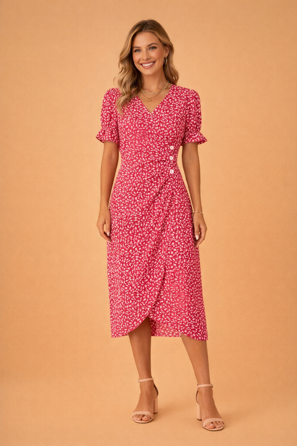 Floral Midi Dress for Women – Puff-Sleeve V-Neck A-Line Dress – Nina