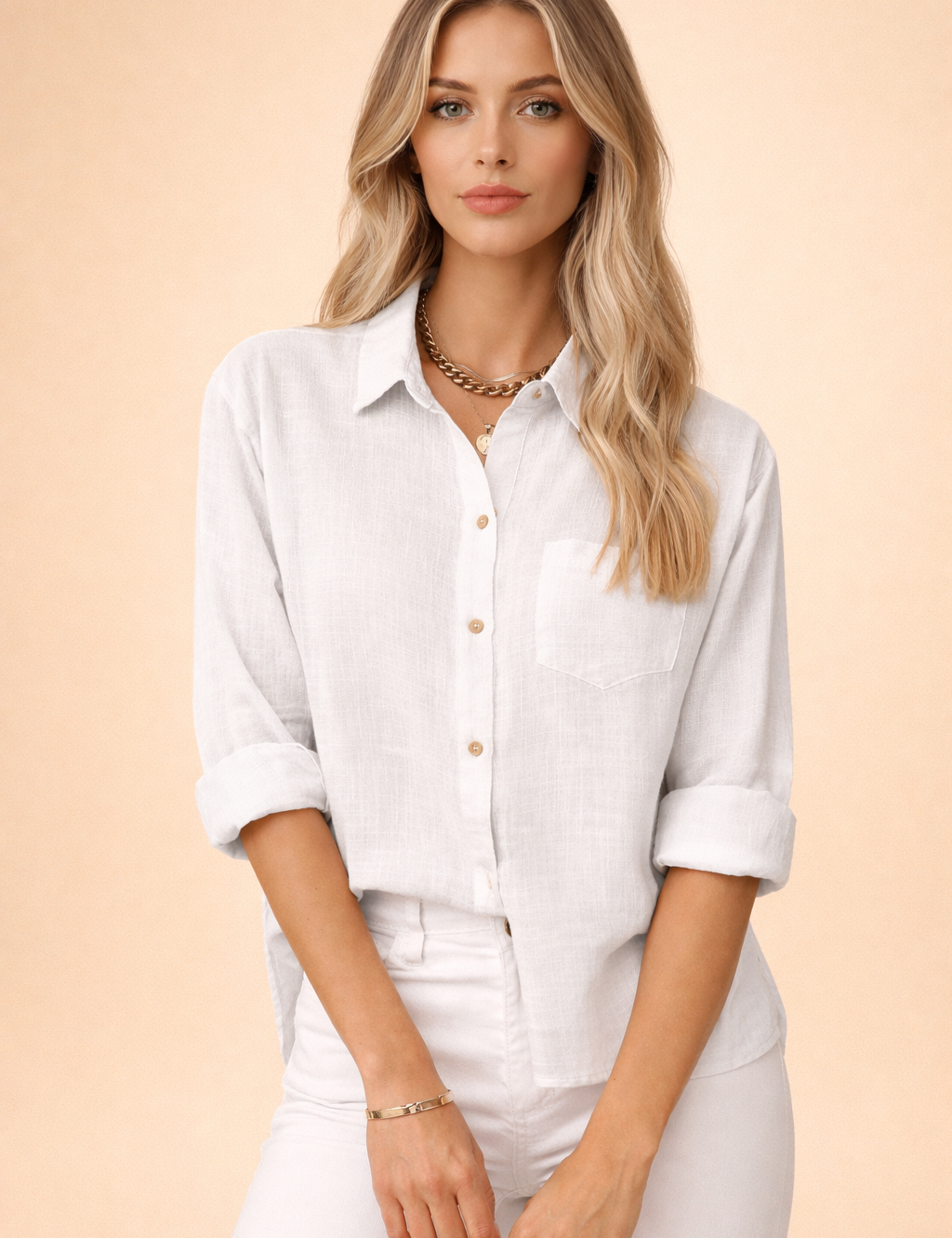 Long-Sleeve Cotton-Linen Blouse for Women – Casual Collared Top – Ellie