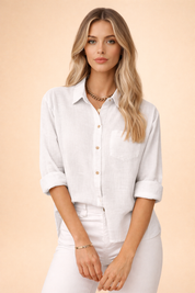 Long-Sleeve Cotton-Linen Blouse for Women – Casual Collared Top – Ellie