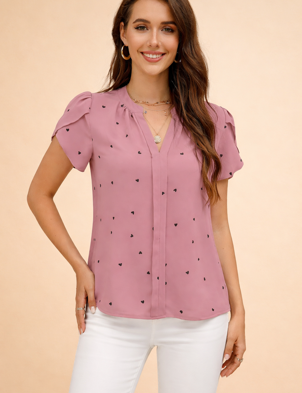 V-Neck Top for Women – Heart-Print Casual Blouse – Mila