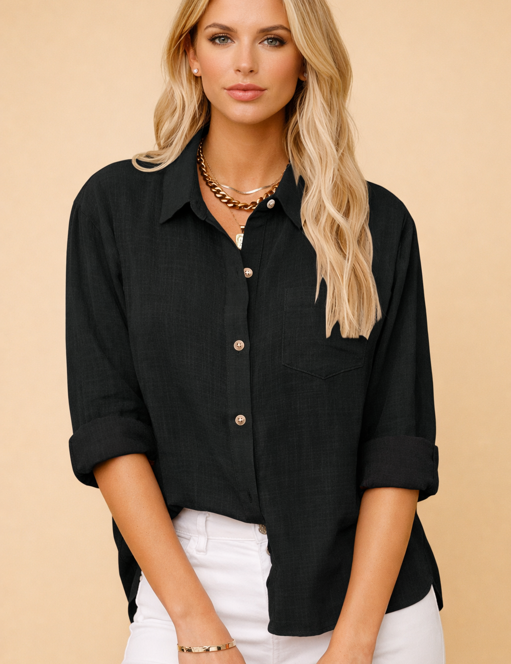 Long-Sleeve Cotton-Linen Blouse for Women – Casual Collared Top – Ellie