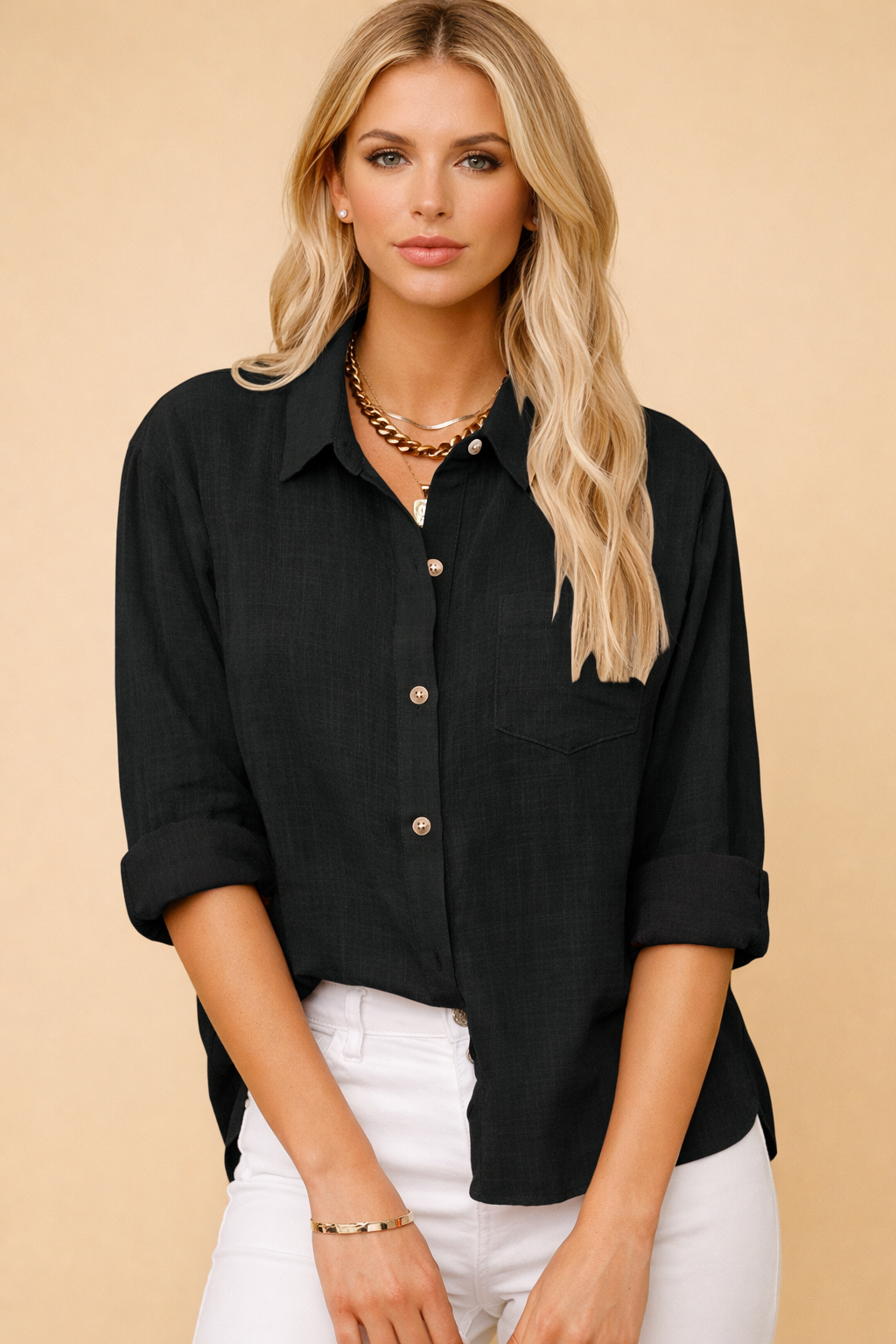Long-Sleeve Cotton-Linen Blouse for Women – Casual Collared Top – Ellie