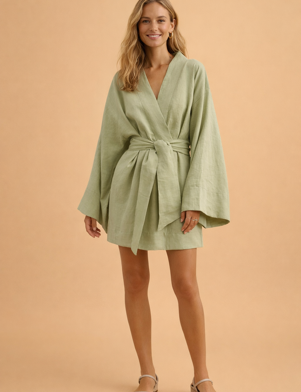 Lace-Up Mini Dress for Women – Long-Sleeve Cotton-Linen Dress – Georgia