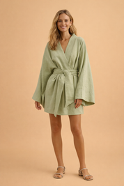 Lace-Up Mini Dress for Women – Long-Sleeve Cotton-Linen Dress – Georgia