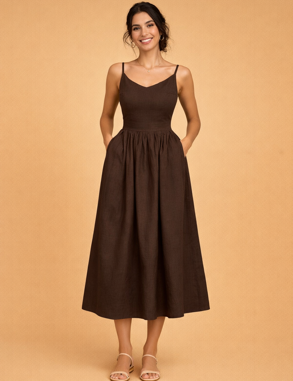 Linen-Blend Summer Dress for Women – A-Line Open-Back Dress – Dora