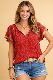 Short-Sleeve Floral Blouse for Women – Versatile Boho Top – Kataleya