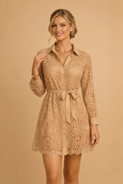 Lace Dress for Women – Long-Sleeve V-Neck Belted Dress – Bella